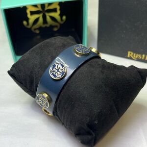 RUSTIC CUFF Genuine Leather Blue Bracelet New in Box Gold Snap Fastens 8"